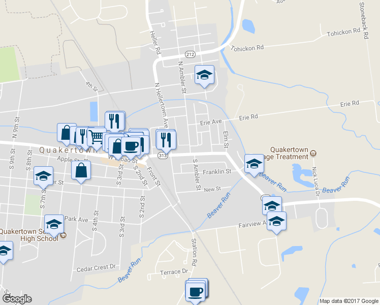 map of restaurants, bars, coffee shops, grocery stores, and more near 4 North Ambler Street in Quakertown