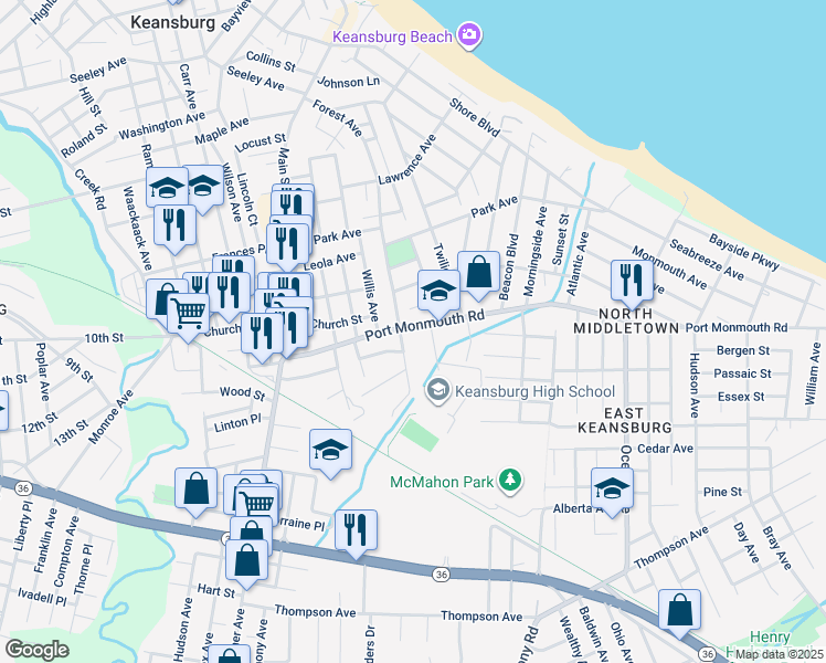 map of restaurants, bars, coffee shops, grocery stores, and more near 110 Port Monmouth Road in Keansburg