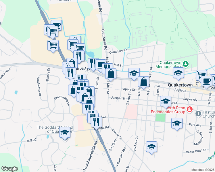 map of restaurants, bars, coffee shops, grocery stores, and more near 26 South Main Street in Quakertown