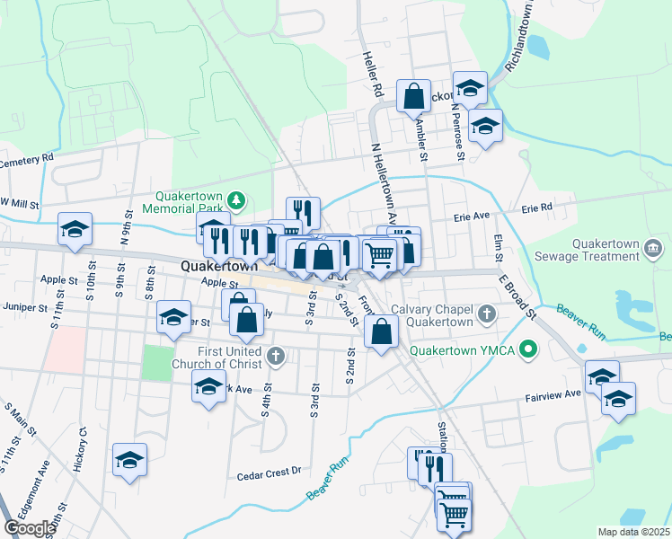 map of restaurants, bars, coffee shops, grocery stores, and more near 119 West Broad Street in Quakertown