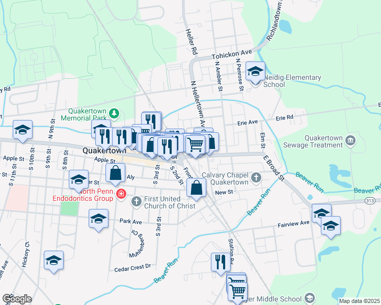 map of restaurants, bars, coffee shops, grocery stores, and more near 15 Belmont Avenue in Quakertown