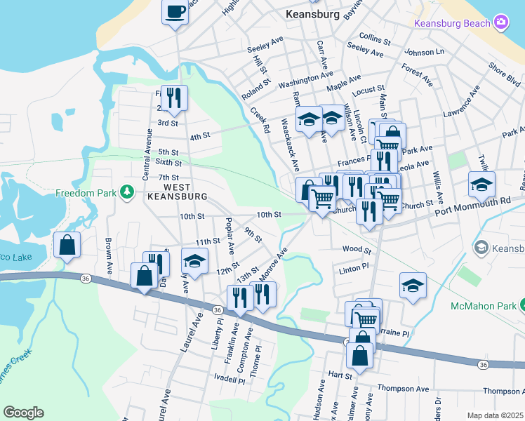 map of restaurants, bars, coffee shops, grocery stores, and more near 13 10th Street in Keansburg