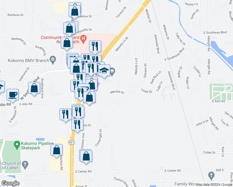 map of restaurants, bars, coffee shops, grocery stores, and more near 721 Marsha Drive in Kokomo