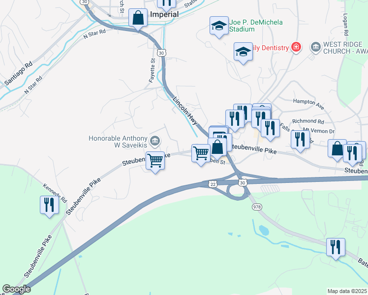 map of restaurants, bars, coffee shops, grocery stores, and more near 7898 Steubenville Pike in Oakdale