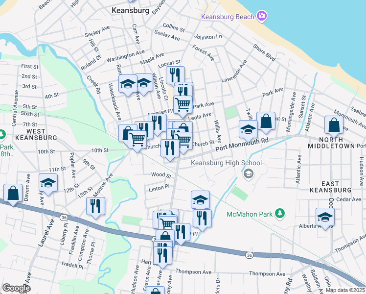 map of restaurants, bars, coffee shops, grocery stores, and more near 280 Main Street in Keansburg