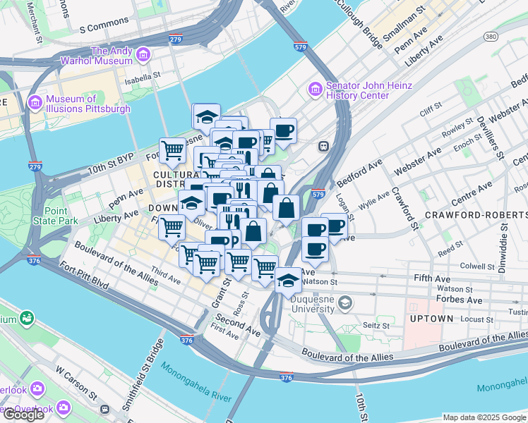 map of restaurants, bars, coffee shops, grocery stores, and more near in Pittsburgh