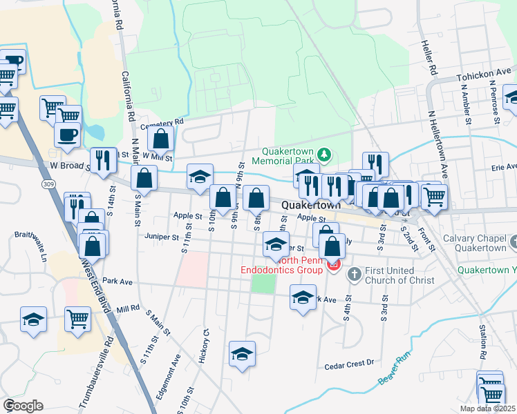 map of restaurants, bars, coffee shops, grocery stores, and more near 25 South 8th Street in Quakertown
