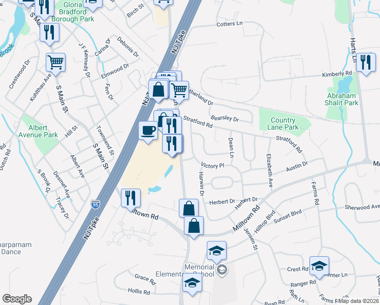 map of restaurants, bars, coffee shops, grocery stores, and more near 47 Victory Place in East Brunswick