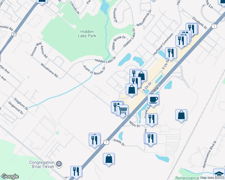 map of restaurants, bars, coffee shops, grocery stores, and more near 8 Albury Way in North Brunswick Township