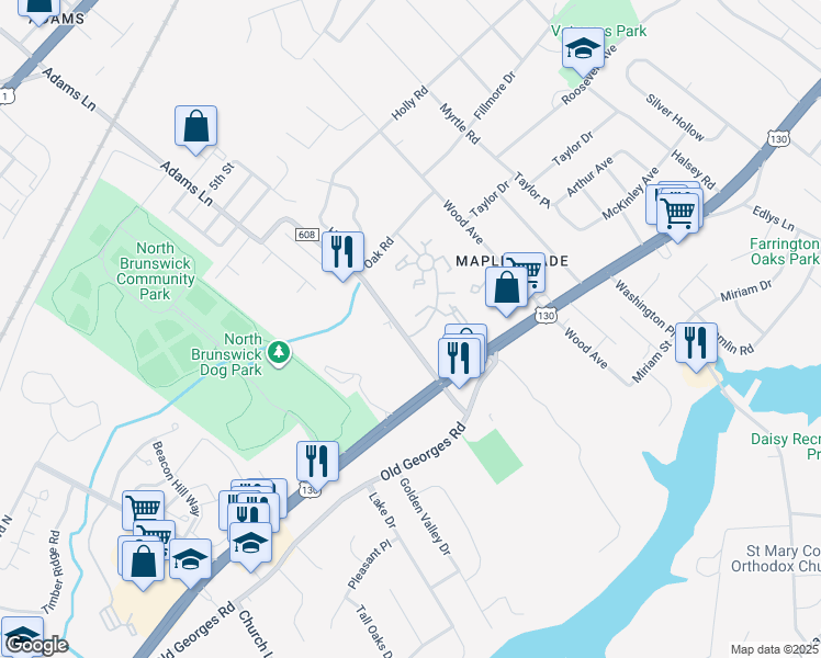 map of restaurants, bars, coffee shops, grocery stores, and more near 500 Adams Lane in North Brunswick Township