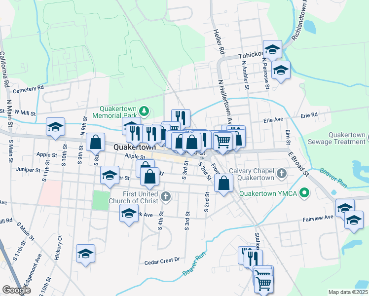 map of restaurants, bars, coffee shops, grocery stores, and more near 301 West Broad Street in Quakertown