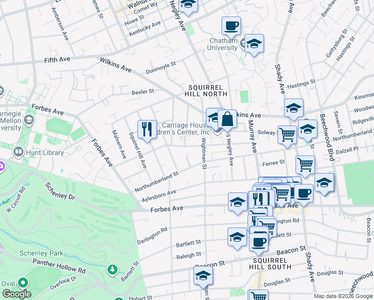 map of restaurants, bars, coffee shops, grocery stores, and more near 5546 Woodmont Street in Pittsburgh