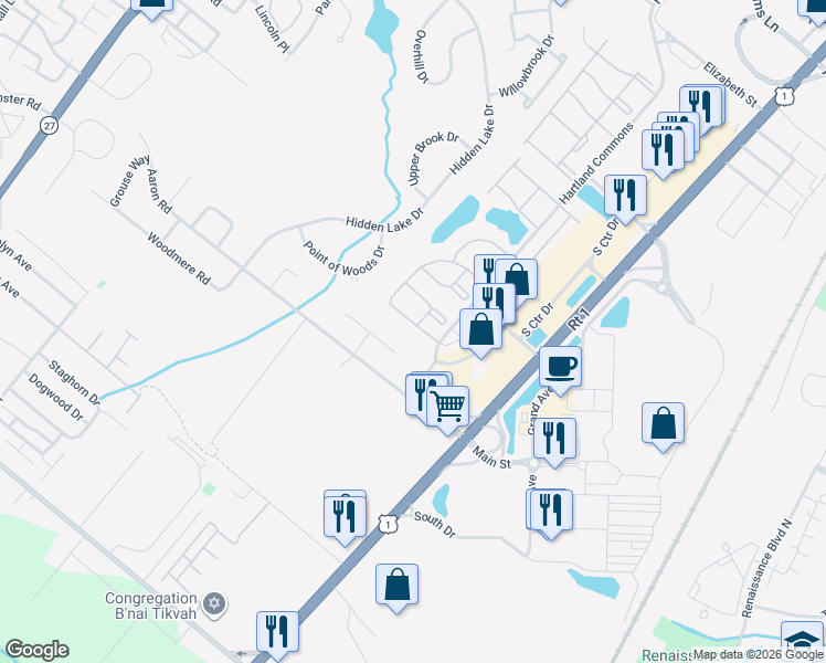 map of restaurants, bars, coffee shops, grocery stores, and more near 8 Albury Way in North Brunswick Township