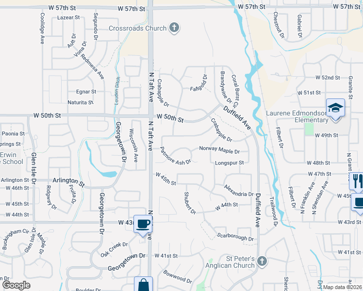 map of restaurants, bars, coffee shops, grocery stores, and more near 1217 Autumn Purple Drive in Loveland