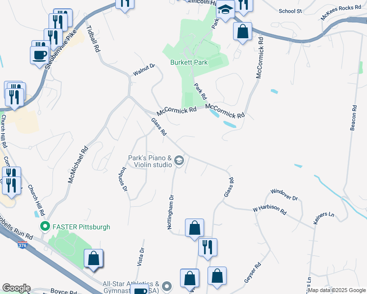 map of restaurants, bars, coffee shops, grocery stores, and more near 5578 Glass Road in Pittsburgh