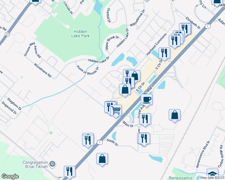 map of restaurants, bars, coffee shops, grocery stores, and more near 8 Albury Way in North Brunswick Township