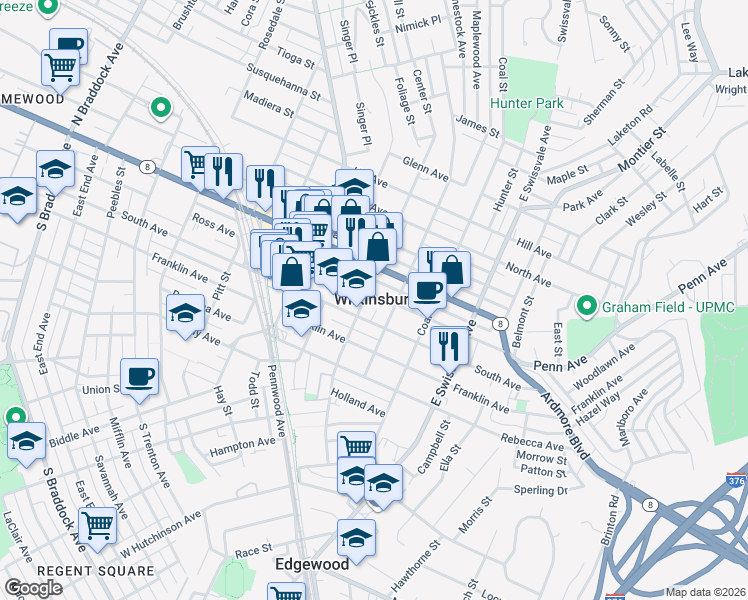 map of restaurants, bars, coffee shops, grocery stores, and more near in Wilkinsburg