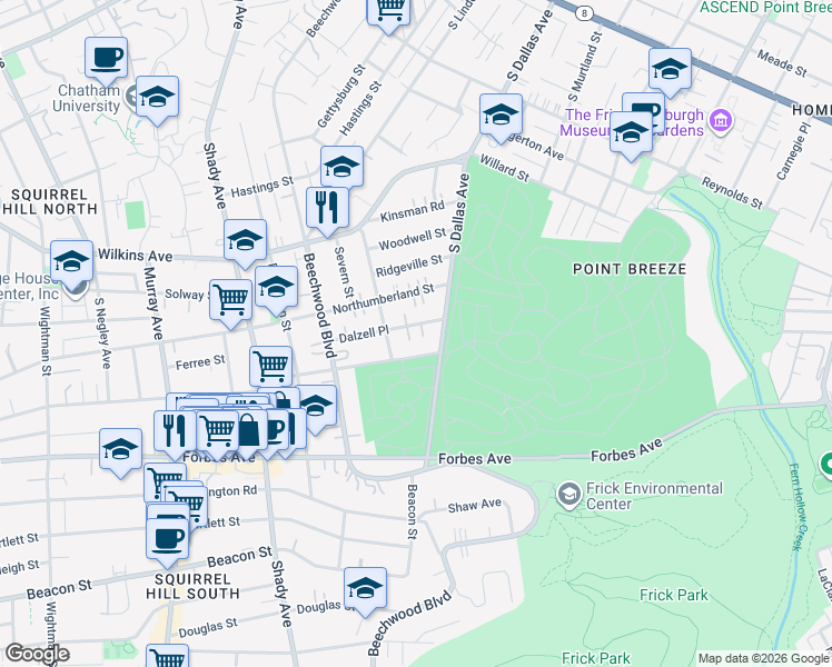 map of restaurants, bars, coffee shops, grocery stores, and more near 6616 Dalzell Place in Pittsburgh