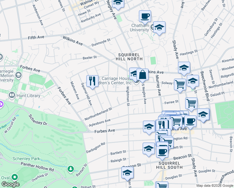 map of restaurants, bars, coffee shops, grocery stores, and more near 5546 Woodmont Street in Pittsburgh
