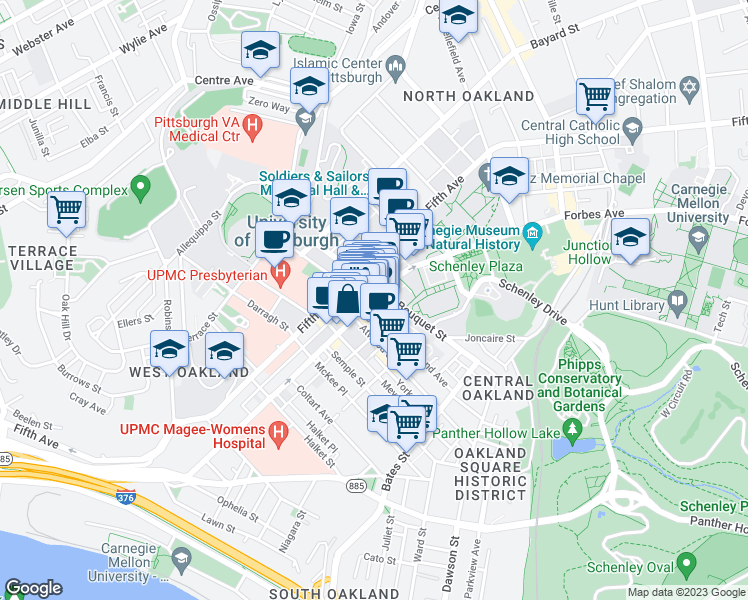 map of restaurants, bars, coffee shops, grocery stores, and more near in Pittsburgh