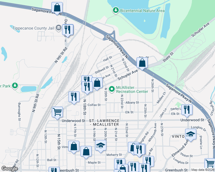 map of restaurants, bars, coffee shops, grocery stores, and more near 2014 Roosevelt Ave in Lafayette