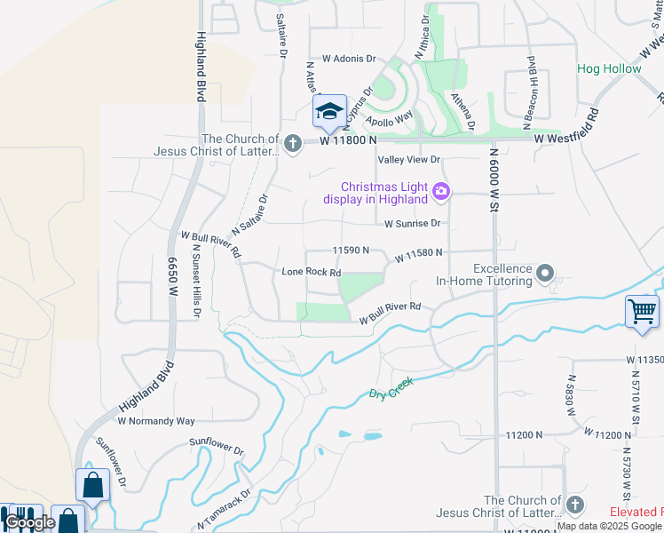 map of restaurants, bars, coffee shops, grocery stores, and more near 11559 Mercer Hollow Road in Highland