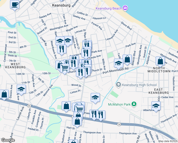 map of restaurants, bars, coffee shops, grocery stores, and more near 15 Willis Place in Keansburg