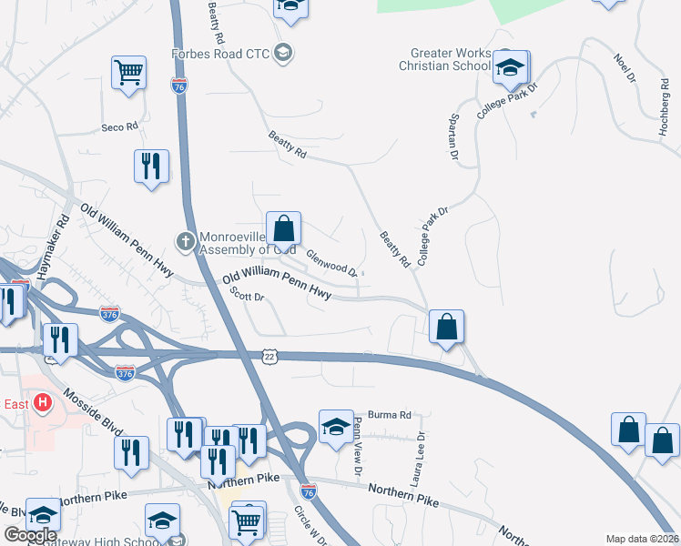 map of restaurants, bars, coffee shops, grocery stores, and more near 113 Glenwood Drive in Monroeville