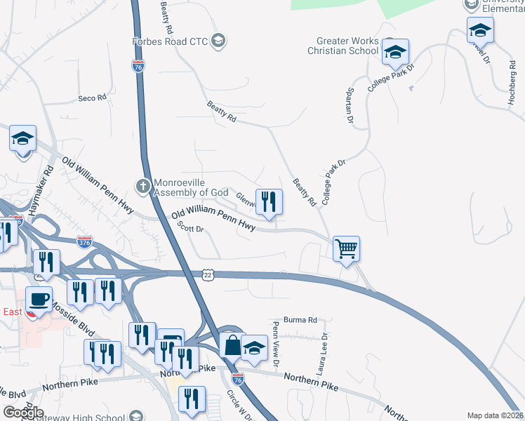 map of restaurants, bars, coffee shops, grocery stores, and more near 111 Glenwood Drive in Monroeville