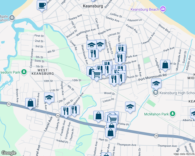 map of restaurants, bars, coffee shops, grocery stores, and more near 64 Church Street in Keansburg