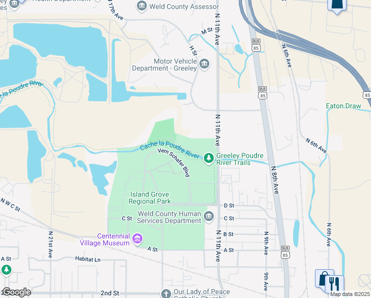 map of restaurants, bars, coffee shops, grocery stores, and more near Saddle Club Drive in Greeley