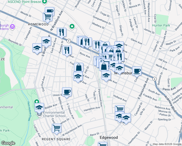 map of restaurants, bars, coffee shops, grocery stores, and more near 518 Franklin Avenue in Pittsburgh