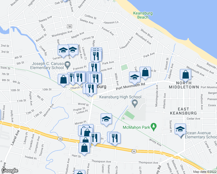 map of restaurants, bars, coffee shops, grocery stores, and more near 50 Harding Avenue in Keansburg