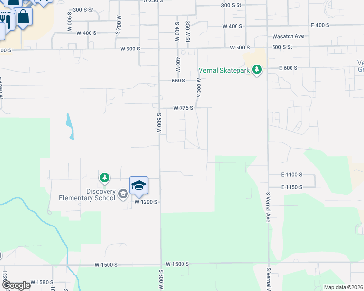 map of restaurants, bars, coffee shops, grocery stores, and more near 912 South 350 West in Vernal