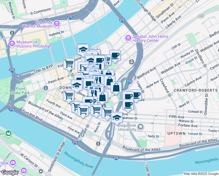map of restaurants, bars, coffee shops, grocery stores, and more near 600 Grant Street in Pittsburgh
