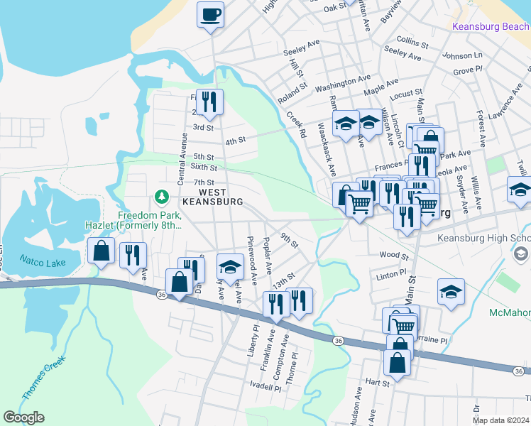 map of restaurants, bars, coffee shops, grocery stores, and more near 9 8th Street in Keansburg