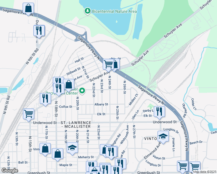 map of restaurants, bars, coffee shops, grocery stores, and more near 2352 North 24th Street in Lafayette