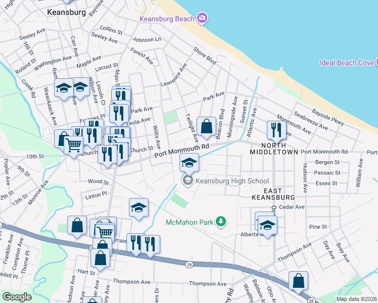map of restaurants, bars, coffee shops, grocery stores, and more near 140 Port Monmouth Road in Keansburg