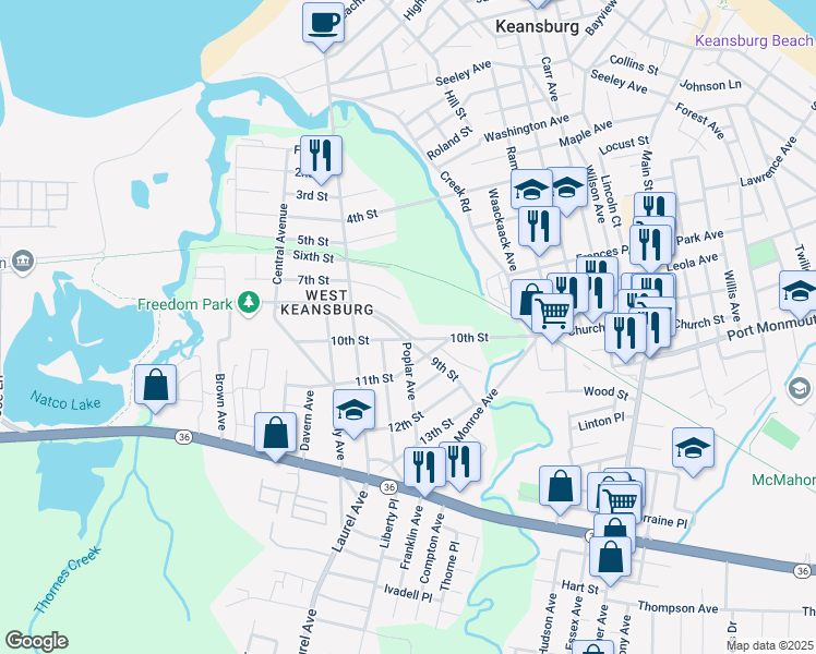 map of restaurants, bars, coffee shops, grocery stores, and more near 9 8th Street in Keansburg