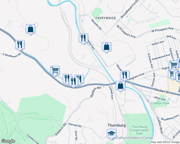 map of restaurants, bars, coffee shops, grocery stores, and more near in Crafton