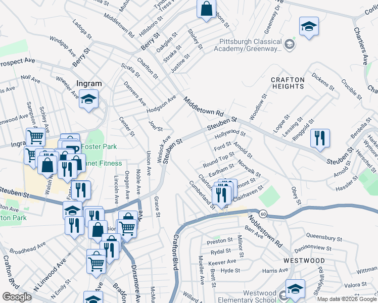 map of restaurants, bars, coffee shops, grocery stores, and more near 1325 Hollywood Street in Pittsburgh