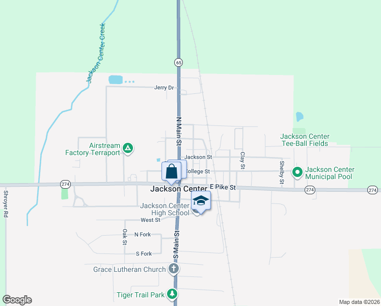 map of restaurants, bars, coffee shops, grocery stores, and more near 201 Jackson Street in Jackson Center