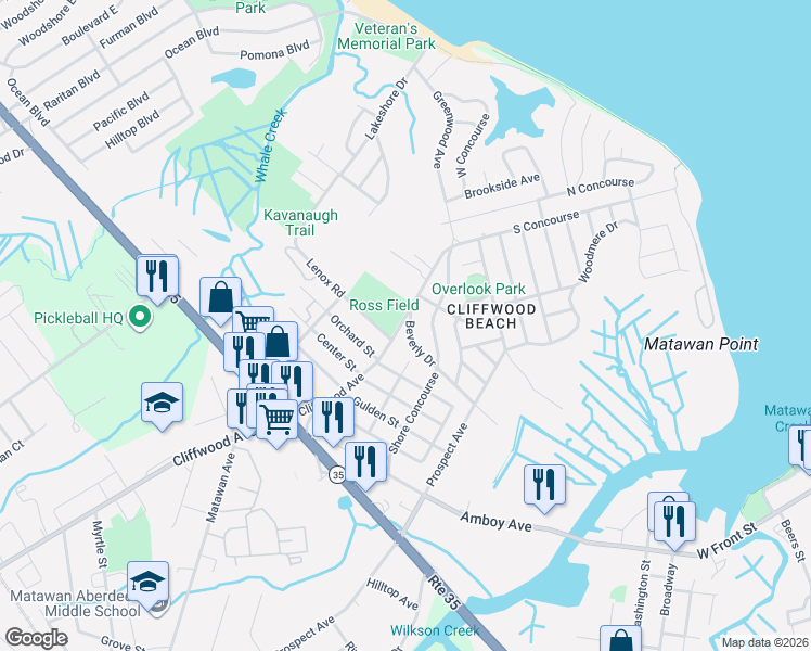 map of restaurants, bars, coffee shops, grocery stores, and more near 729 Cliffwood Avenue in Keyport