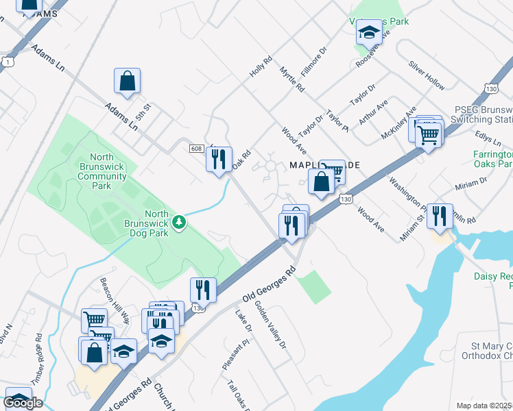map of restaurants, bars, coffee shops, grocery stores, and more near 500 County Road 608 in North Brunswick Township