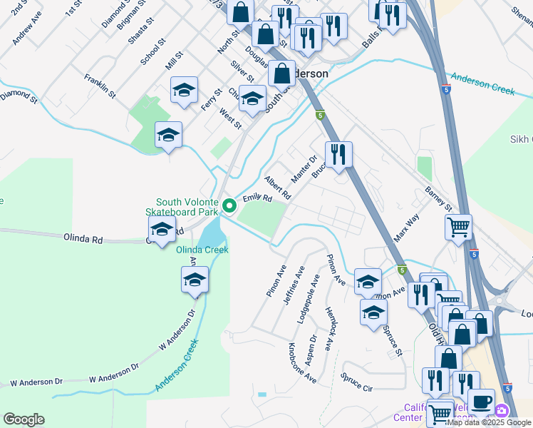 map of restaurants, bars, coffee shops, grocery stores, and more near 1666 Bruce Drive in Anderson