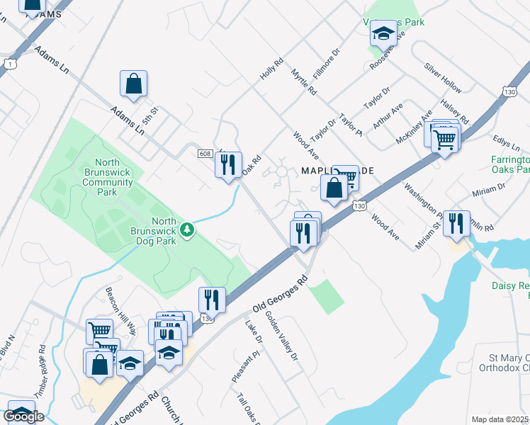 map of restaurants, bars, coffee shops, grocery stores, and more near 500 County Road 608 in North Brunswick Township