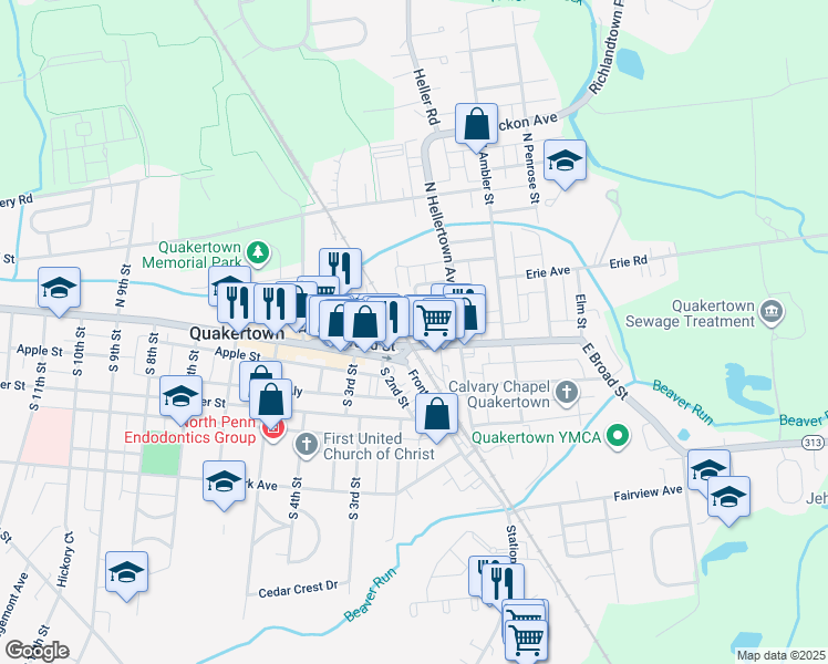 map of restaurants, bars, coffee shops, grocery stores, and more near 15 Belmont Avenue in Quakertown