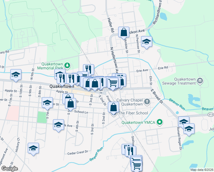 map of restaurants, bars, coffee shops, grocery stores, and more near 15 Belmont Avenue in Quakertown