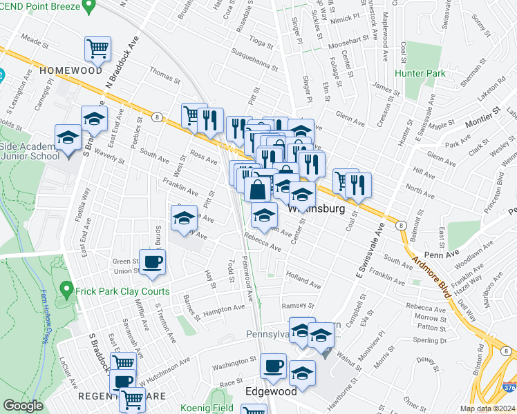 map of restaurants, bars, coffee shops, grocery stores, and more near 710 Wood Street in Pittsburgh