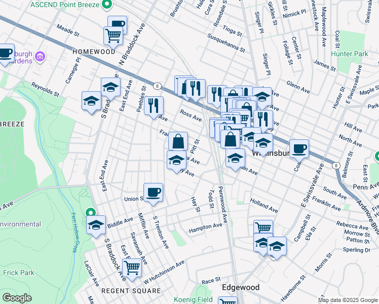map of restaurants, bars, coffee shops, grocery stores, and more near 600 Franklin Avenue in Pittsburgh